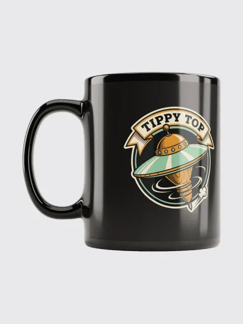 Tippy Top Mug — black glossy ceramic with the TIPPY TOP flying-saucer badge
