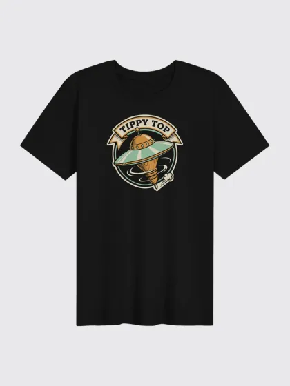 Tippy Top tee — black shirt with the TIPPY TOP flying-saucer badge